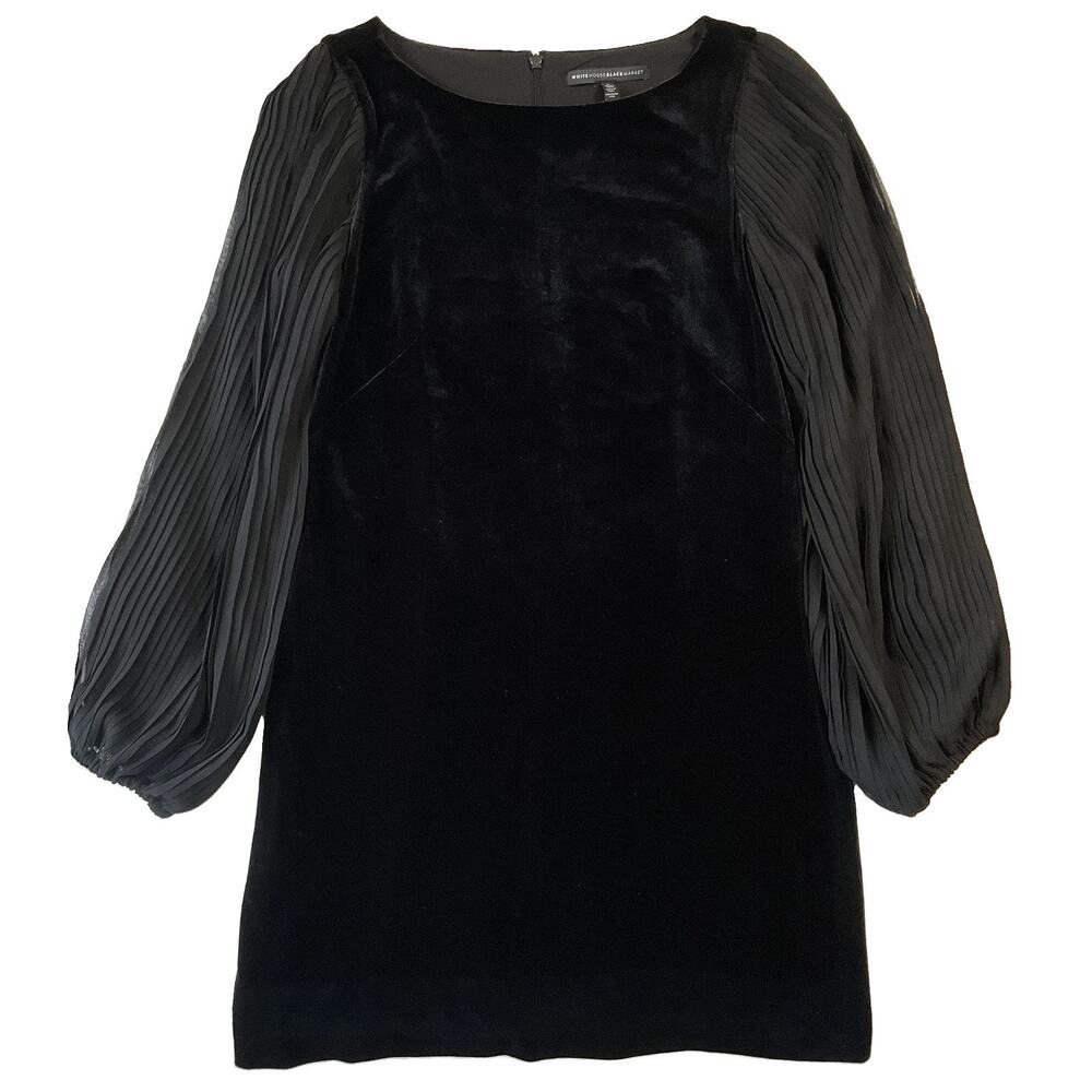 White House Black Market Women Dress 6 Black Sheath Pleated Long Sleeve Lined